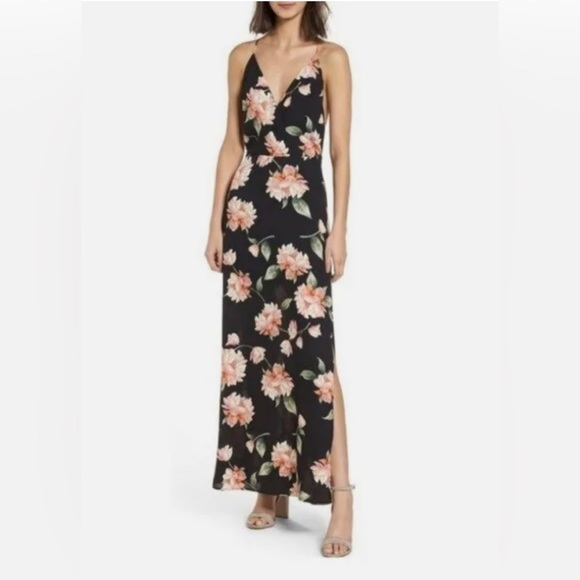 Lush Dresses & Skirts - Lush Nordstrom Black Floral Surplice Split Maxi Dress Size Small
